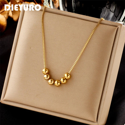 DIEYURO 316L Stainless Steel Gold Color Balls Beads Pendant Necklace For Women Fashion Girls Clavicle Chain Jewelry Party Gifts