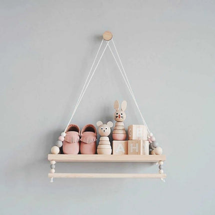 Wooden Beads Wall Hanging Shelf Swing Rope Floating Shelves Display Storage Rack Decor For Home Office Cafe Kid Room