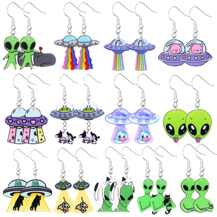 Quirky UFO Animal Drop Earrings - Whioo R Acrylic Dangles, Fun Fashion Jewelry