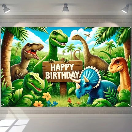 Dinosaur Jungle Birthday Party Backdrop  Polyester Photo Booth Background With Balloons & Flowers, Versatile Indoor