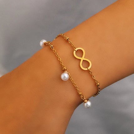 Stainless Steel Bracelets Classic Infinity Symbol “8”Pendant Simulated Pearl Chain Fashion Bracelet For Women Jewelry Bohemian