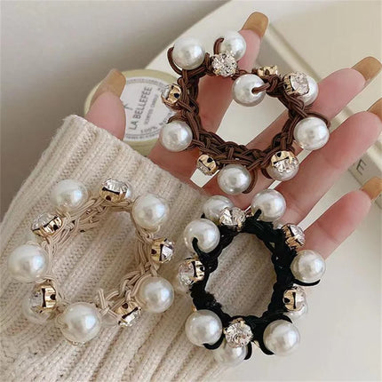 Fashion Pearl Crystal Black Hair Ties For Women Girls Summer No Slipping Elastic Beaded Ponytail Holders Hair Ropes Scrunchies