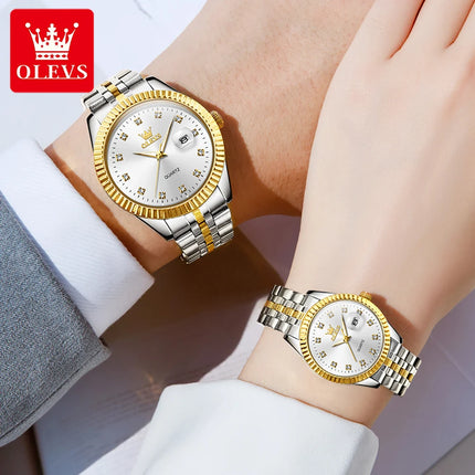 OLEVS 5526 Top Luxury Lover's Wristwatch Stainless Steel Waterpoof Calendar Clock Diamond Lap Quartz Couple Watch for Men Women