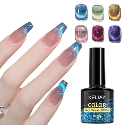 1 Bottle 8ml Diamond Cat Eye Gel Nail Polish Summer Glitter Reflective Shimmer Blue Green Purple Magnetic French Gel Polish