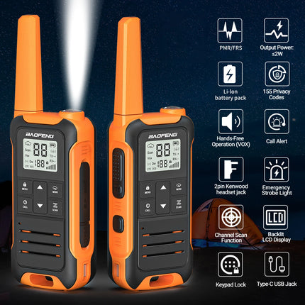 2pcs Baofeng F22 Mini Walkie Talkie PMR FRS Long Range Rechargable Portable Kids Two Way Radio Type-C Charger for Camping Trip