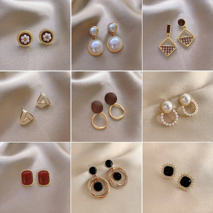 2023 Korean Retro Ear Clip Earrings with Opal and Pearl Geometry - Vintage Style