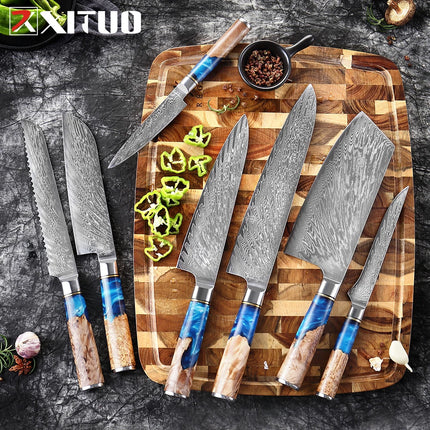 XITUO Kitchen Knives Set Damascus Steel VG10 Chef Knife Cleaver Paring Bread Knife Blue Resin Stabilised Wood Handle 1-7PCS set