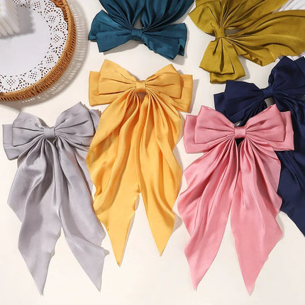 Elegant Bow Ribbon Hair Clip Fashion Simple Solid Satin Spring Clip Hair Pin Retro Headband with Clips Girls Hair Accessories