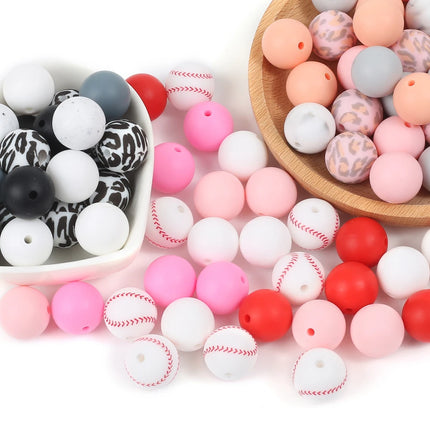 15mm 30Pcs Silicone Beads Round Print Food Grade Teething Beads for DIY Pen Baby Teething Pacifier Clips Necklace