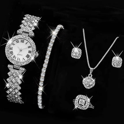 5PCS Set Watch Women Ring Necklace Earrings Rhinestone Fashion Wristwatch Female Casual Ladies Watches Bracelet Set Clock