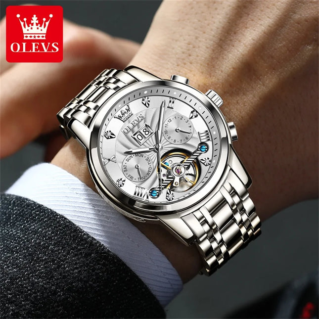 OLEVS Men's Watch Luxury Skeleton Automatic Mechanical Watch Original Waterproof Stainless Steel Men's Watch Reloj Hombres 9910