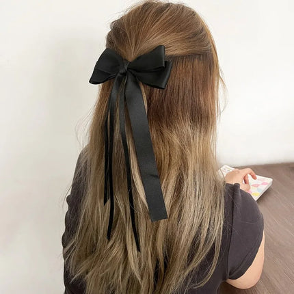 Korean Solid Color Ribbon Double Bowknot Hair Clips for Women Girls Trendy Big Bow Long Tassel Silver Barrettes Pin Accessories