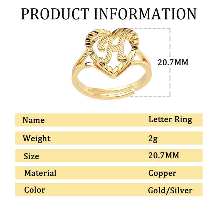 New Adjustable Letter Ring Heart Open Gold Color Fashion Simplicity Copper Rings For Women Elegant Jewels Party Girlfriend Gifts