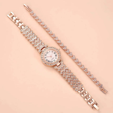 Luxury Women Shiny Bracelet Watches 2pcs Set Rose Gold Watch Fashion Ladies Elegant Quartz Diamond Wristwatch Female Reloj Mujer