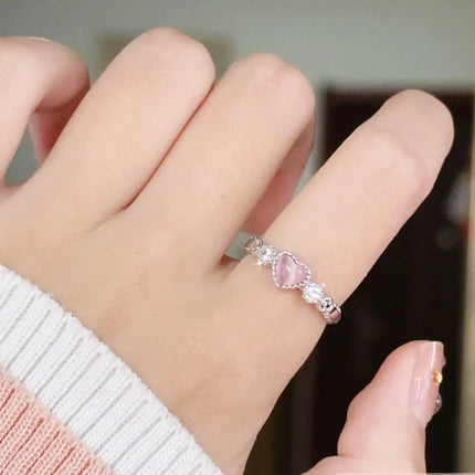 2023 Trend Pink Love Heart Crystal Rings for Women Kpop Love Zircon Open Ring Irregular Grunge Aesthetic Egirl Rings Jewelry