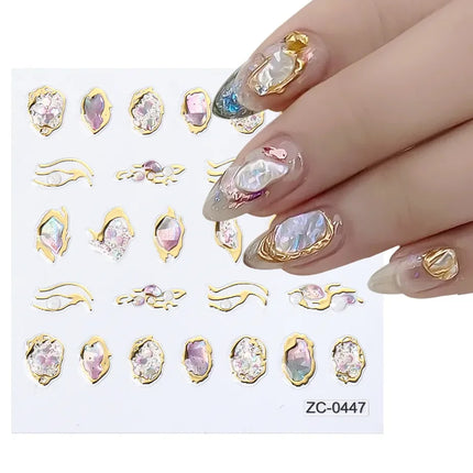 Diamond Pearl Self Adhesive Stickers For Nail Gold Frame Abstract Geometric New 5D Creative Decals Nail Art Decoration LAZC-0447