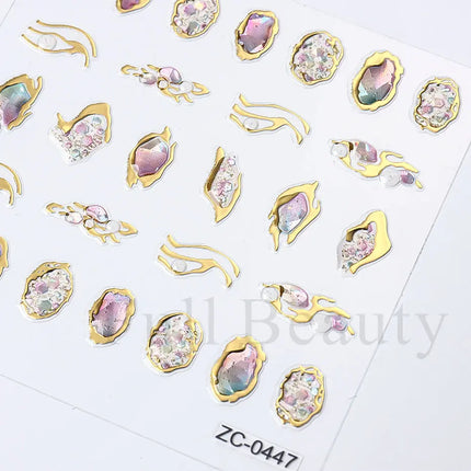 Diamond Pearl Self Adhesive Stickers For Nail Gold Frame Abstract Geometric New 5D Creative Decals Nail Art Decoration LAZC-0447