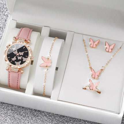 5PCS/Set Fashion Butterfly Women Watches Jewelry Set Luxury Rhinestone Female Leather Band Quartz Watch ( Without Box )