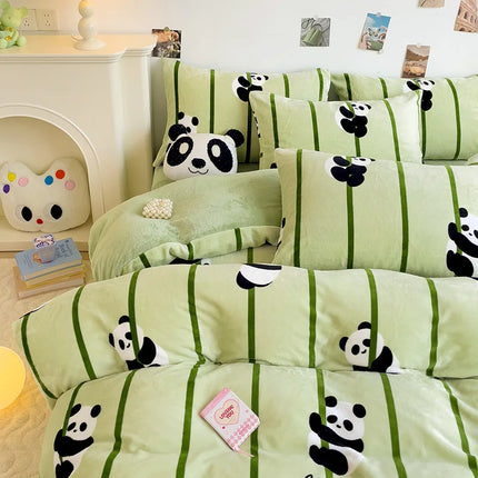 Cute Cartoon Panda 3pcs Duvet Cover Set Sage Green Thickened Milk Velvet Comforter Covers Boys Girls Bedding with Pillowcase