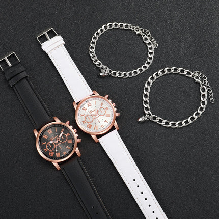 4Pcs/Couple set Fashion Women Leather Band Quartz Watch with Magnetic Love Bracelet