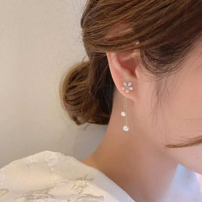 Korea New Zircon Flower Stud Earrings for Women Fashion Temperament Long Tassel Pearl Drop Earring Wedding Jewelry Gifts