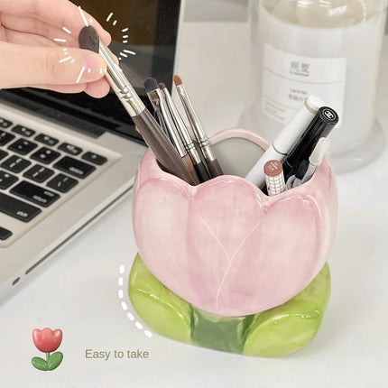 Flower Pen Holder Ceramic Desktop Decoration Cute Girl Desk Office Storage Box Stationery Shelf Storage Tank