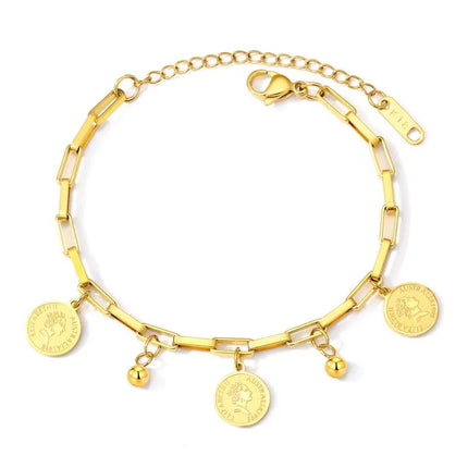 1pcs Gold-color Bracelet Ladies Hip Hop Style Stainless Steel Round Sign Portrait Pendant Wide Cross Chain Jewelry