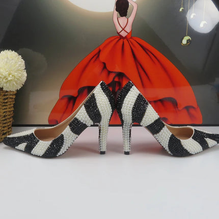 zebra Pearl Bridals Wedding shoes Female Evening Party shoes High Pumps Thin Heel Pointed Toe High Shoes For Woman Shallow