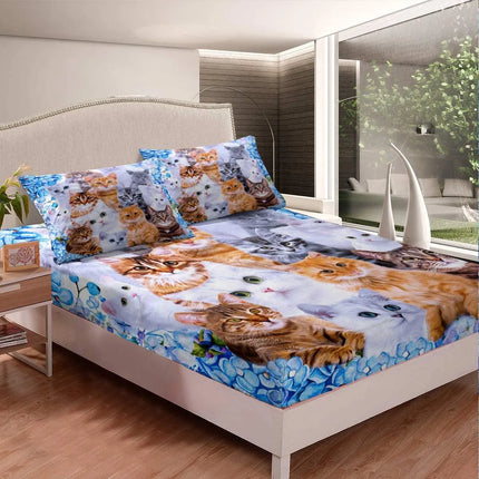 Cartoon Cat Bed Sheet Set,Watercolor Animals Butterfly Cat Fitted Sheet and Pillowcase for Kids Boys Girls Teens Queen Size 3Pcs