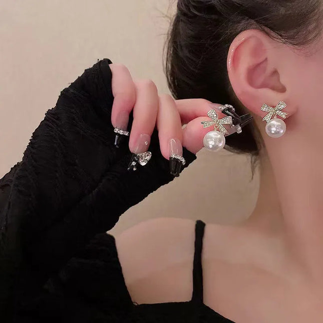 Elegant White Pearl Bow Drop Earrings - Women's Rhinestone Jewelry