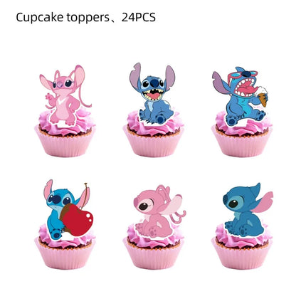 Disney Pink Interstellar Stitch Angel Birthday Party Decoration Flag Pulling Balloon Cake Flag Insertion Spiral Set Supplies