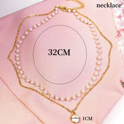 2021 New Fashion Kpop Pearl Choker Necklace Cute Double Layer Chain Pendant For Women Jewelry Girl Gift Gold Necklace Collier