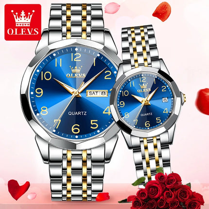 OLEVS 9970 New Luxury Quartz Couple Watch For Men Women Number Dial Rhombus Mirror Hand Clock Stainless Steel Original Watches