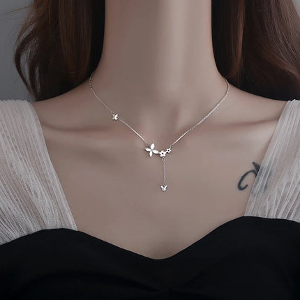 925 Sterling Silver Flower Necklace Female Simple Temperament Shiny Zircon Butterfly Tassel Clavicle Chain Wedding Jewelry Gift