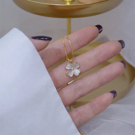 2023 Lucky Four Clover Necklace for Women Stainless Steel Opal Flower Pendant Gold Color Necklaces Fashion Wedding Jewelry Gift