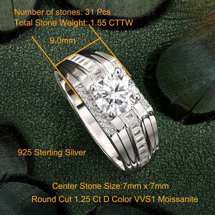 Newshe Genuine 925 Sterling Silver Wedding Ring for Men Moissanite 1.25Ct Round White Simulated Diamond Luxury Fine Jewelry