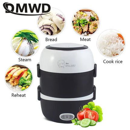 DMWD Electric Mini rice cooker 2/3 layers stainless steel liner portable egg boiler steamer food warmer lunch box multicooker 2L