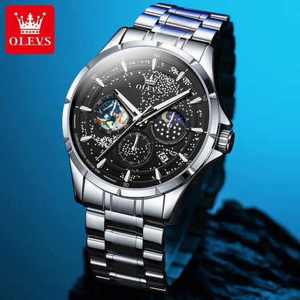 OLEVS Original Quartz Watch for Men Starry Sky Auto Date Moon Phase Luminous Waterproof Moonswatch Men's Business Wristwatches