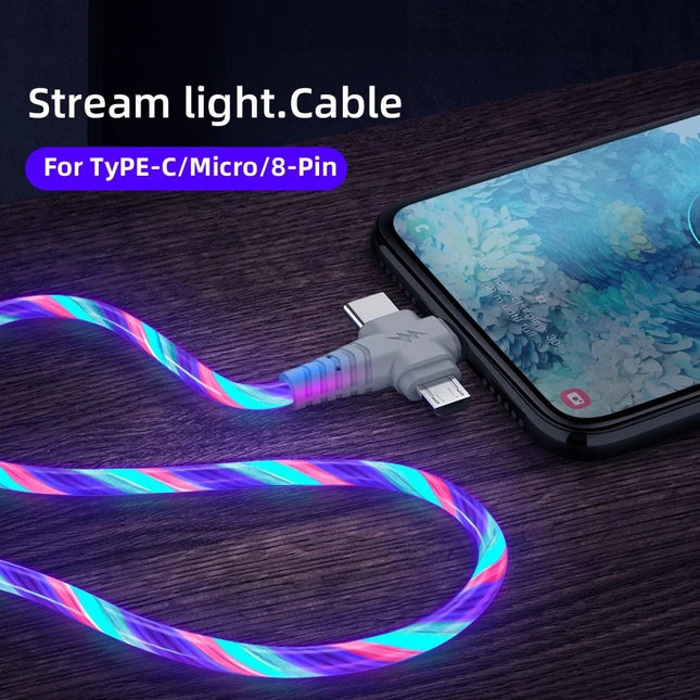 3 In 1 Flow Luminous USB Cable For Samsung LED Kable USB To Micro USB/Type C/8 Pin Charger Wire Cord For iPhone 13 12 Pro Xiaomi