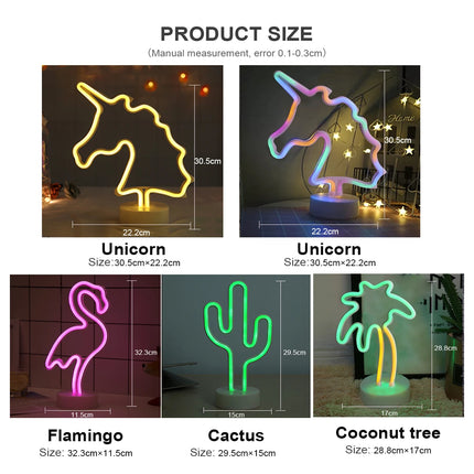 Flamingo Cactus LED Neon Lights Coconut Tree Pineapple Neon Sign Lamp USB/Battery Power Unicorn Lamp Room Table Holiday Decor