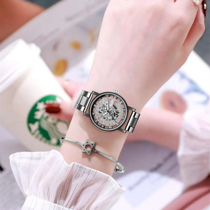 New Fashion Top Women Hollow Skeleton Faux Mechanical Watch Ladies Metal Mesh Quartz Wrist Watches For Female Relogio Feminino