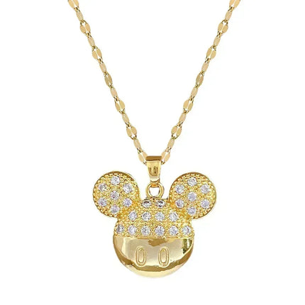 Cartoon Disney Mickey Minnie Mouse Studded with Zircon Necklace for Women Girl Stainless Steel Chain Sweet Gift for Friends Kids