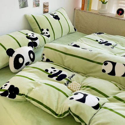 Cute Cartoon Panda 3pcs Duvet Cover Set Sage Green Thickened Milk Velvet Comforter Covers Boys Girls Bedding with Pillowcase