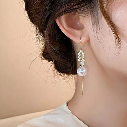 Korean Exquisite Imitation Pearl Tassel Drop Earring For Women Shiny  Zircon Flower Leaf Long Ear Line Geometric Earring Jewelry