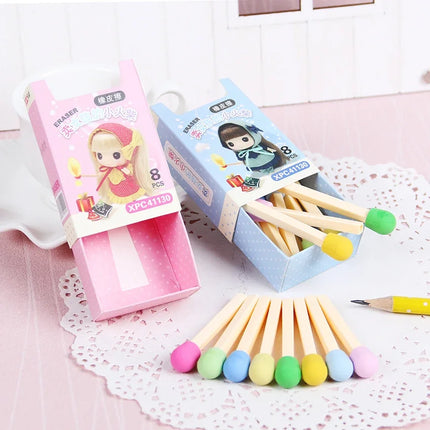 1Box Cute Kawaii Matches Eraser Lovely Colored Eraser for Kids Students Kids Creative Item Gift