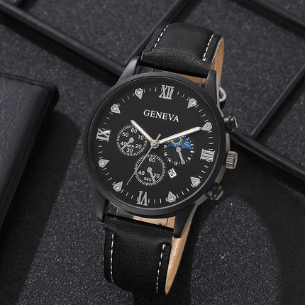 5PCS/Set Black Men Watch Roman Numeral Diamond Scale Element Dial Quartz Wristwatch Leather Strap Watch Jewelry Set Gift For Him