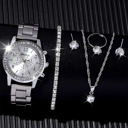 6 Pieces of Fashionable and Versatile Diamond Inlaid Rhinestone WOMEN'S Quartz Steel Band Watch+necklace+earrings+ring+bracelet