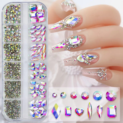 Hot Selling 12 Grids Nail Art Rhinestones Jewelry Set Multi-shapes Colorful Flatback Nail Charms Diamonds 3D Nails Accessories