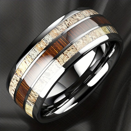 Fashion Silver Color Men's Stainless Steel Rings Koa Wood Deer Antler Inlay Dome Engagement Rings For Men Women Wedding Jewelry