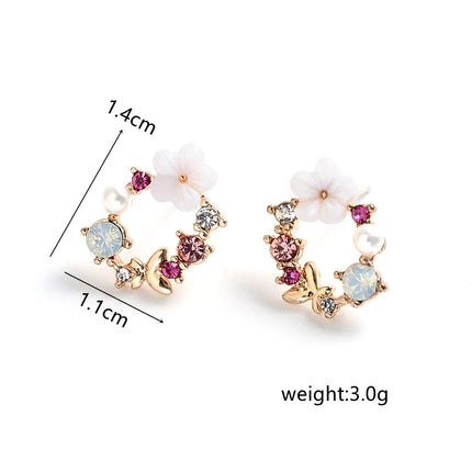 Colorful Enamel Crystal Rhinestone Stud Earrings - Trendy Korean Flower Wreath Jewelry